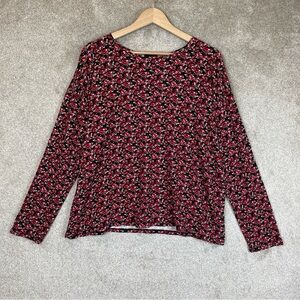 J Jill Wearever Shirt Womens Large Red Floral Long Sleeve Pullover Stretch-2435*